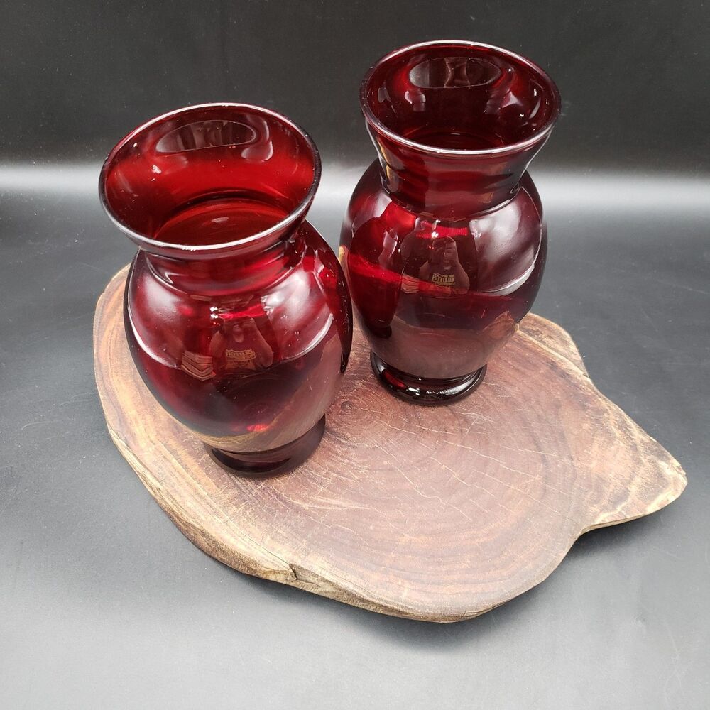 Vintage Anchor Hocking Royal Ruby Red Glass Vases Pair 6.375” Bud Vase - Picture 2 of 7